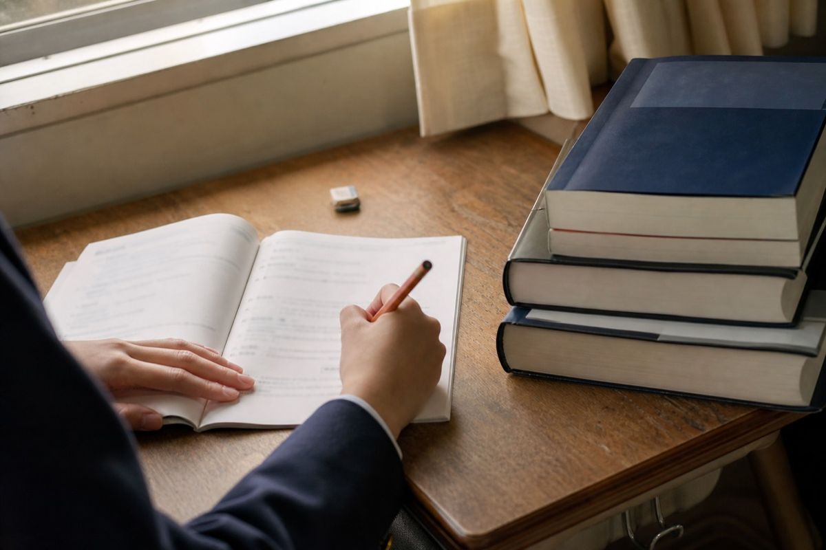 制服の生徒が、薄い入門ドリルに一行ずつ書き写している手元。隣には手つかずの分厚い参考書が積まれている