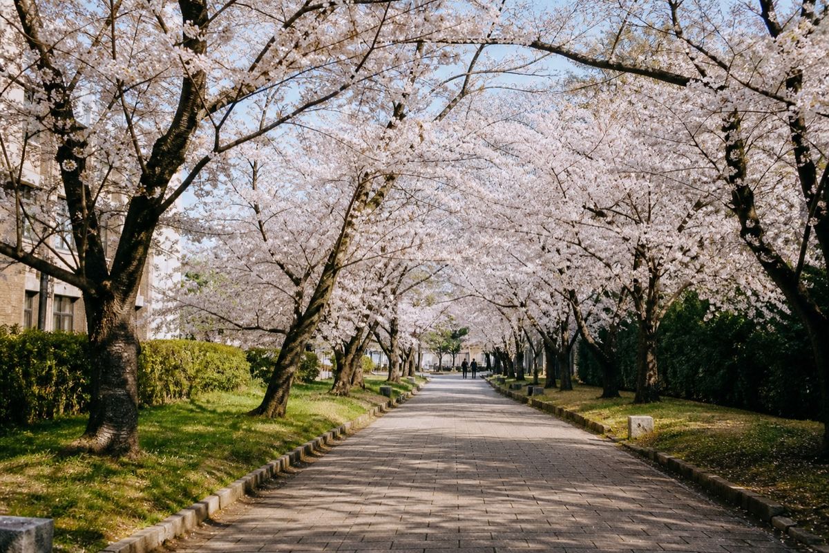 満開の桜に覆われた大学キャンパスの並木道。朝の光が差し込み、遠くに数人の後ろ姿が小さく写っている