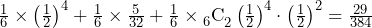 \frac{1}{6}\times\left(\frac{1}{2}\right)^4+\frac{1}{6}\times\frac{5}{32}+\frac{1}{6}\times{{_6^}\mathrm{C}}_2\left(\frac{1}{2}\right)^4\cdot\left(\frac{1}{2}\right)^2=\frac{29}{384}