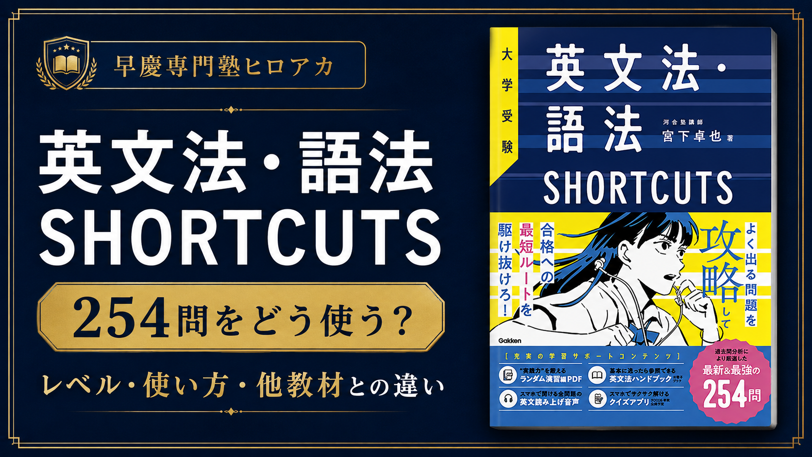 英文法・語法SHORTCUTSの書影と、254問の使い方・レベルを紹介する記事